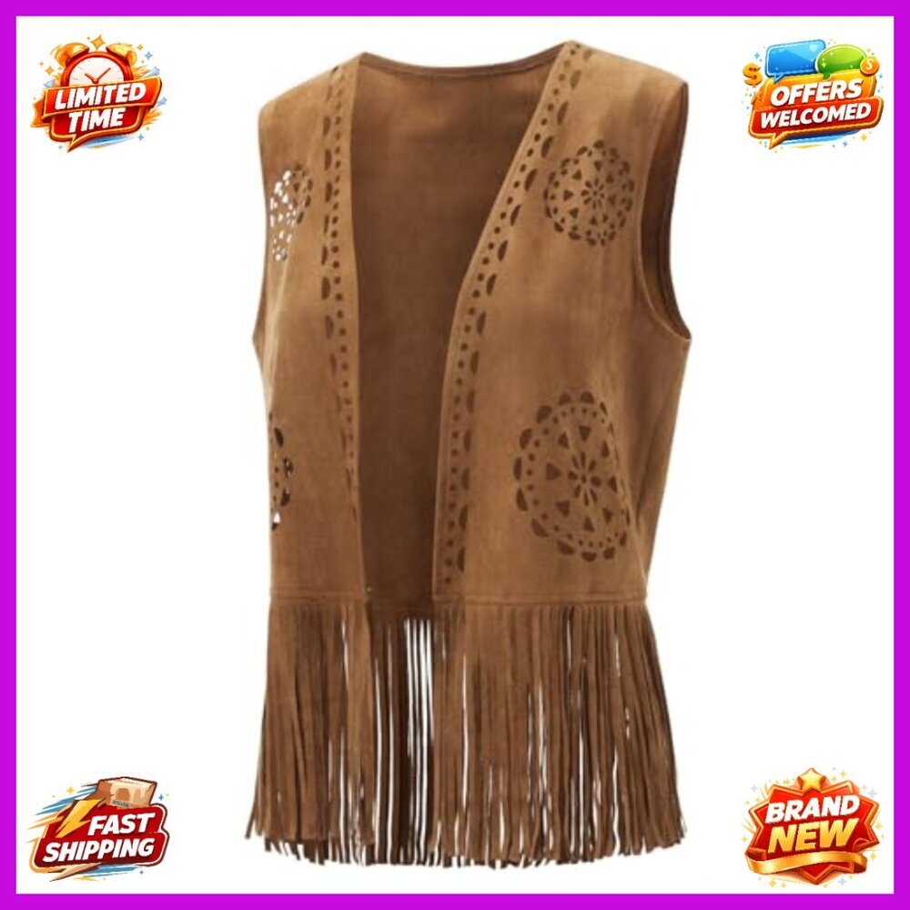 Fringe Vest Sleeveless Tassel Jacket Boho Western Cowgirl Costume Top - Picture 6 of 7